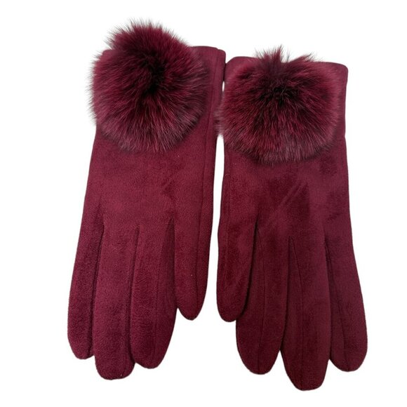 Womens Red Gloves Stretch Faux Suede with Fur Pompoms One Size - Picture 3 of 8